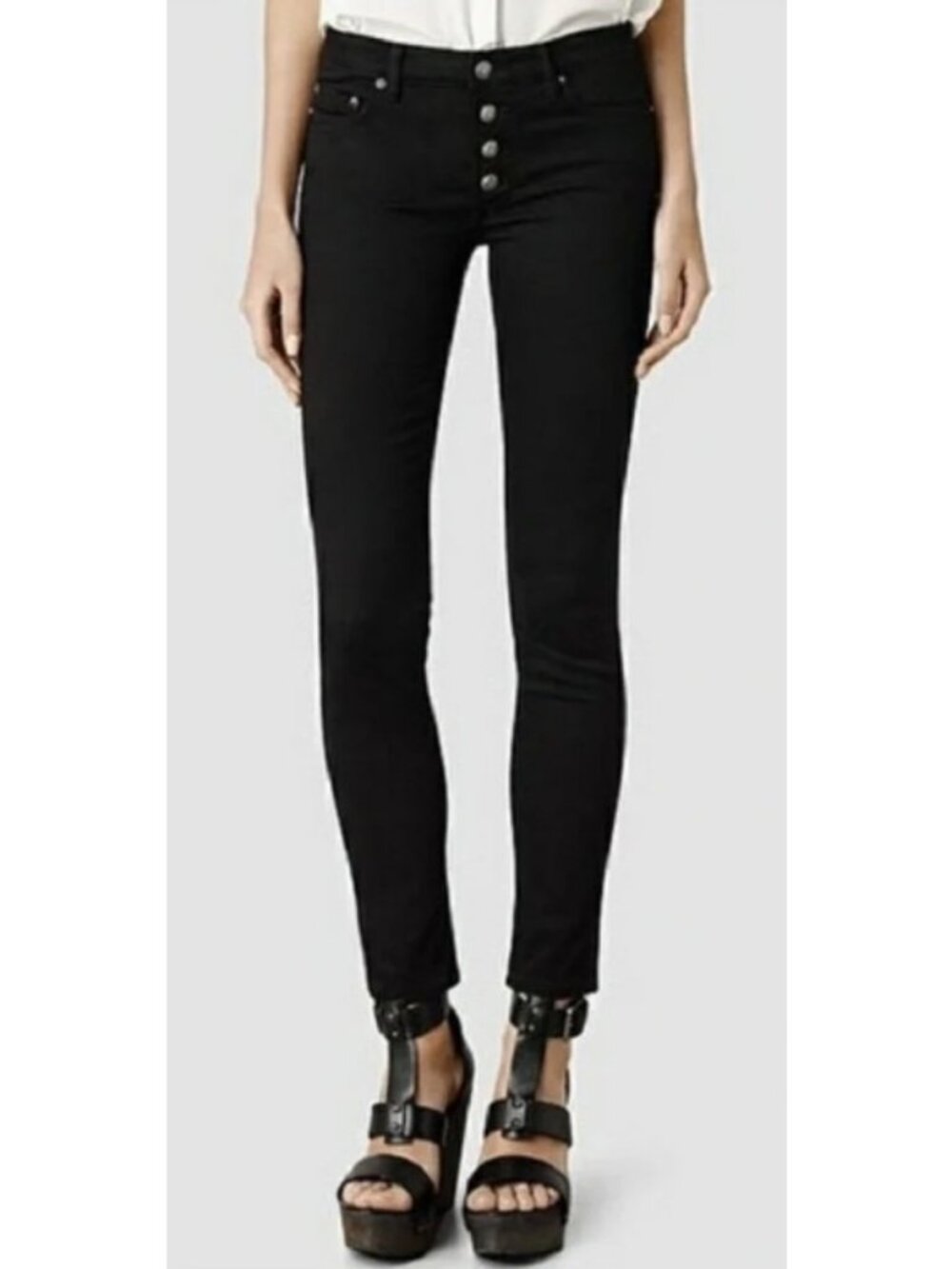 All Saints Dark Wash Denim Button Mast Skinny Blue Jeans, Size 25